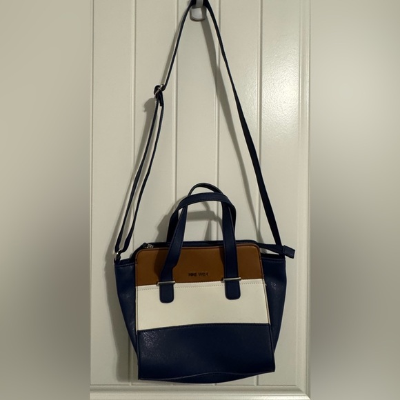 Nine West women’s blue, white and camel tan color block square satchel. - Picture 7 of 7